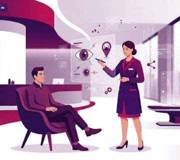 رسوم توضيحية فاخرة لطبيب يشرح تقنية تغيير لون العين في تركيا لمريض داخل عيادة عصرية 