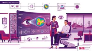 رسم توضيحي يظهر طبيب يشرح مزايا تقنية ويف فرونت لتصحيح النظر في تركيا لمريض داخل عيادة عيون فاخرة 