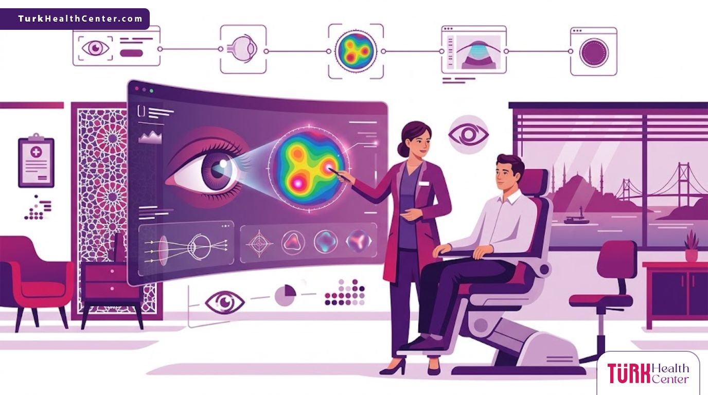 رسم توضيحي يظهر طبيب يشرح مزايا تقنية ويف فرونت لتصحيح النظر في تركيا لمريض داخل عيادة عيون فاخرة 