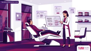 توضيحي متقدم لطبيب يشرح خيارات تقويم الاسنان في تركيا لمريض داخل عيادة فاخرة 