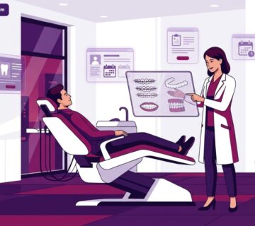 توضيحي متقدم لطبيب يشرح خيارات تقويم الاسنان في تركيا لمريض داخل عيادة فاخرة 