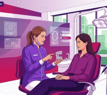 رسم توضيحي يظهر طبيب أسنان يشرح إجراءات تقويم شفاف في تركيا للمريض داخل عيادة طبية فاخرة 