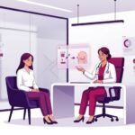 رسم توضيحي لعيادة طبية حديثة يشرح فيها الطبيب تفاصيل عملية تكبير الصدر بالدهون الذاتية في تركيا للمريضة 