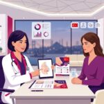 توضيح لعيادة طبية فاخرة يشرح فيها الطبيب تفاصيل ومميزات تكلفة تجميل الأنف ببيزو في تركيا للمريض 