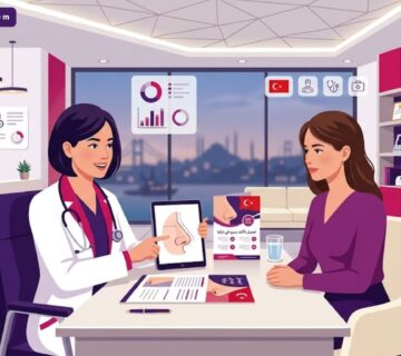 توضيح لعيادة طبية فاخرة يشرح فيها الطبيب تفاصيل ومميزات تكلفة تجميل الأنف ببيزو في تركيا للمريض 