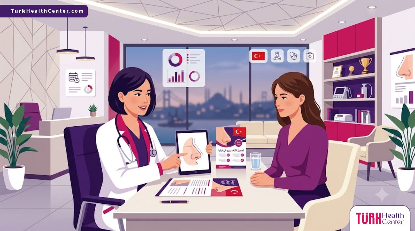 توضيح لعيادة طبية فاخرة يشرح فيها الطبيب تفاصيل ومميزات تكلفة تجميل الأنف ببيزو في تركيا للمريض 