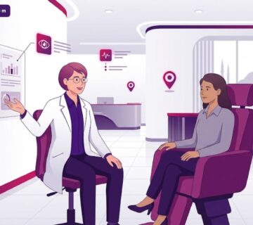 رسوم توضيحية فاخرة لطبيب يشرح إجراءات تكلفة تصحيح لون العين في تركيا داخل عيادة حديثة 