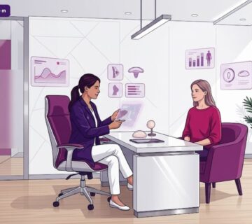 رسم توضيحي يوضح طبيب يشرح للمريضة تفاصيل عملية تكبير الثدي وتحديد تكلفة تكبير الصدر بحشوات السيليكون داخل عيادة حديثة 