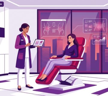 رسم توضيحي لطبيب يشرح تفاصيل تكلفة جراحة التجميل بعد فقدان الوزن الكلي للمريض داخل عيادة طبية حديثة 
