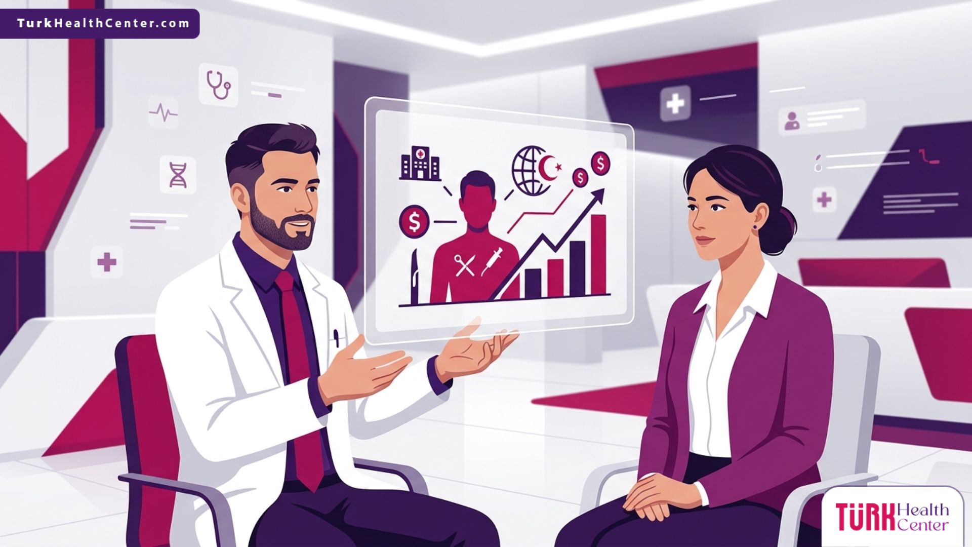 رسم توضيحي حديث لطبيب يشرح تفاصيل تكلفة جراحة الترميم في تركيا للمريض داخل عيادة طبية فاخرة 