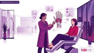 طبيب متخصص يشرح تفاصيل تكلفة جراحة اليد المجهرية للمريض داخل عيادة طبية حديثة بتصميم فيكتور متطور 