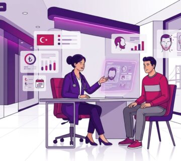 رسوم توضيحية لعيادة فاخرة وطبيب يشرح تفاصيل عروض عمليات شد الجفون في تركيا لمريض يجلس براحة 
