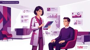 رسوم توضيحية حديثة لطبيب يشرح إجراءات تكلفة وشم القرنية في تركيا للمريض داخل عيادة فاخرة 