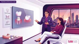 رسم توضيحي متجهي فاخر لعيادة طب أسنان تشرح إجراءات تلبيسة اسنان في تركيا للمريض بأسلوب احترافي 