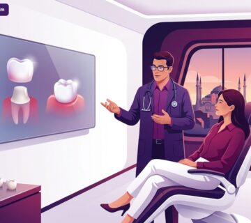 رسم توضيحي متجهي فاخر لعيادة طب أسنان تشرح إجراءات تلبيسة اسنان في تركيا للمريض بأسلوب احترافي 