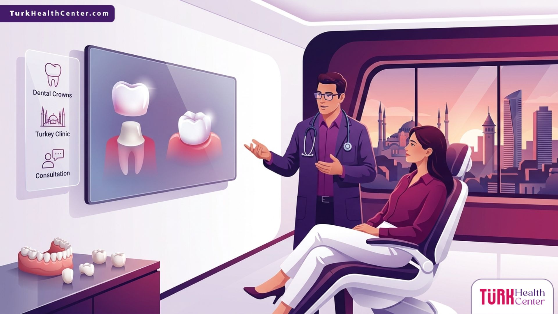 رسم توضيحي متجهي فاخر لعيادة طب أسنان تشرح إجراءات تلبيسة اسنان في تركيا للمريض بأسلوب احترافي 