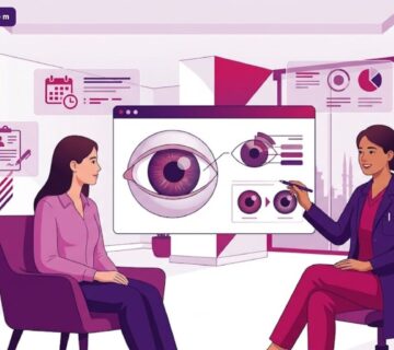 رسم توضيحي يظهر طبيب يشرح عملية تلوين القرنية في تركيا لمريض داخل عيادة حديثة بأسلوب هندسي راقٍ 