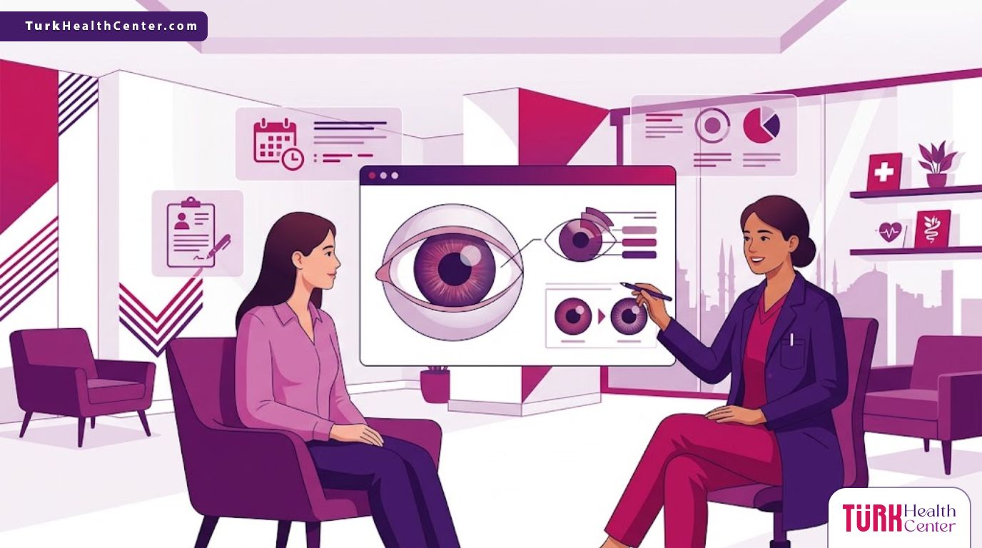 رسم توضيحي يظهر طبيب يشرح عملية تلوين القرنية في تركيا لمريض داخل عيادة حديثة بأسلوب هندسي راقٍ 