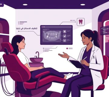 رسم توضيحي لعيادة طبية فاخرة يظهر فيها طبيب يشرح خطوات تنظيف الاسنان في تركيا للمريض 