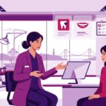 رسم توضيحي حديث لطبيب أسنان يشرح إجراءات توريد اللثة في تركيا لمريض داخل عيادة طبية فاخرة 