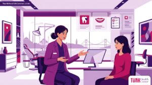 رسم توضيحي حديث لطبيب أسنان يشرح إجراءات توريد اللثة في تركيا لمريض داخل عيادة طبية فاخرة 