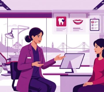 رسم توضيحي حديث لطبيب أسنان يشرح إجراءات توريد اللثة في تركيا لمريض داخل عيادة طبية فاخرة 