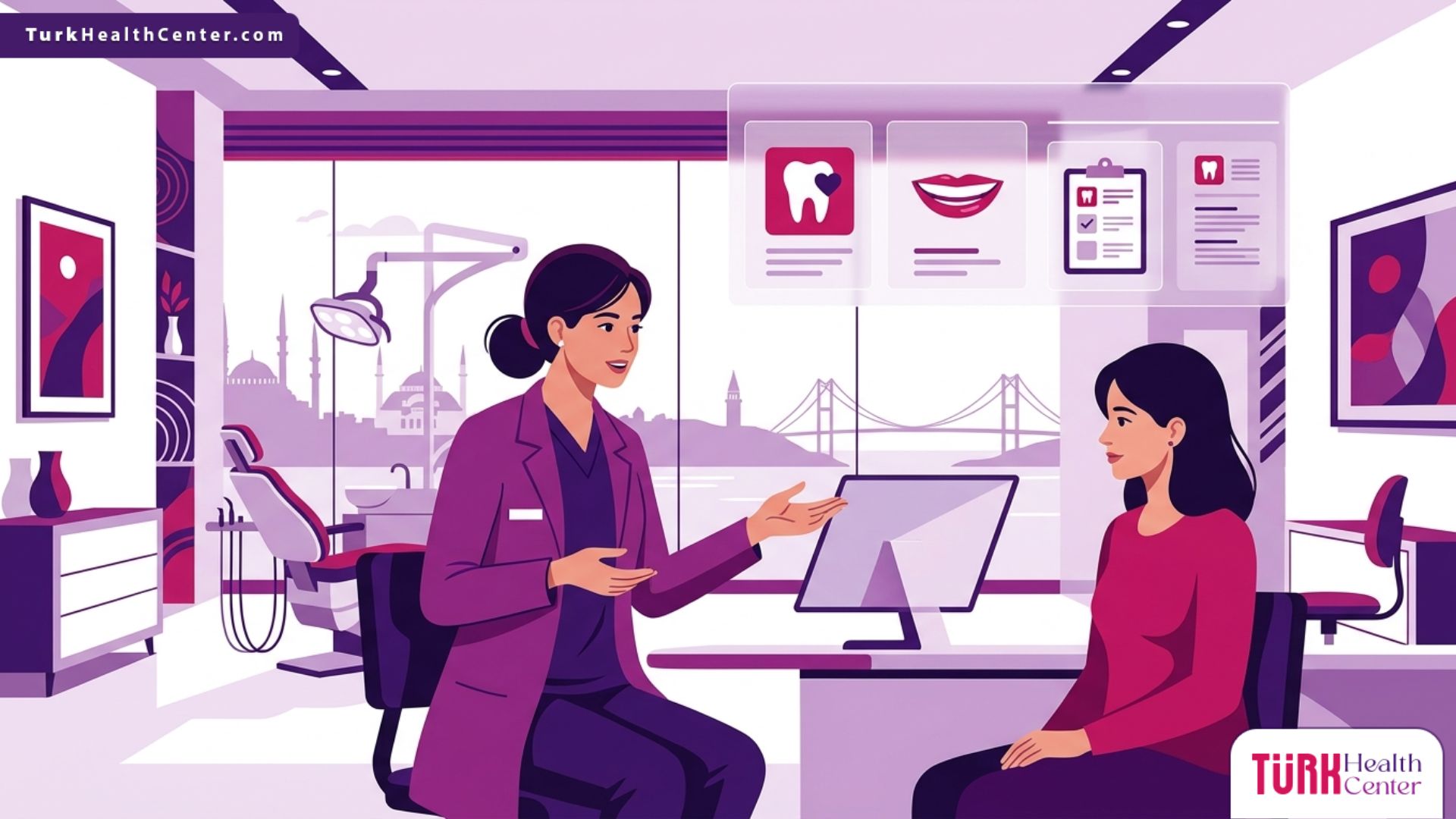 رسم توضيحي حديث لطبيب أسنان يشرح إجراءات توريد اللثة في تركيا لمريض داخل عيادة طبية فاخرة 