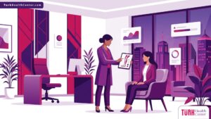 رسم توضيحي متقدم يظهر طبيب يشرح تفاصيل جراحات العظام التجميلية لمريض في عيادة طبية حديثة ومجهزة 
