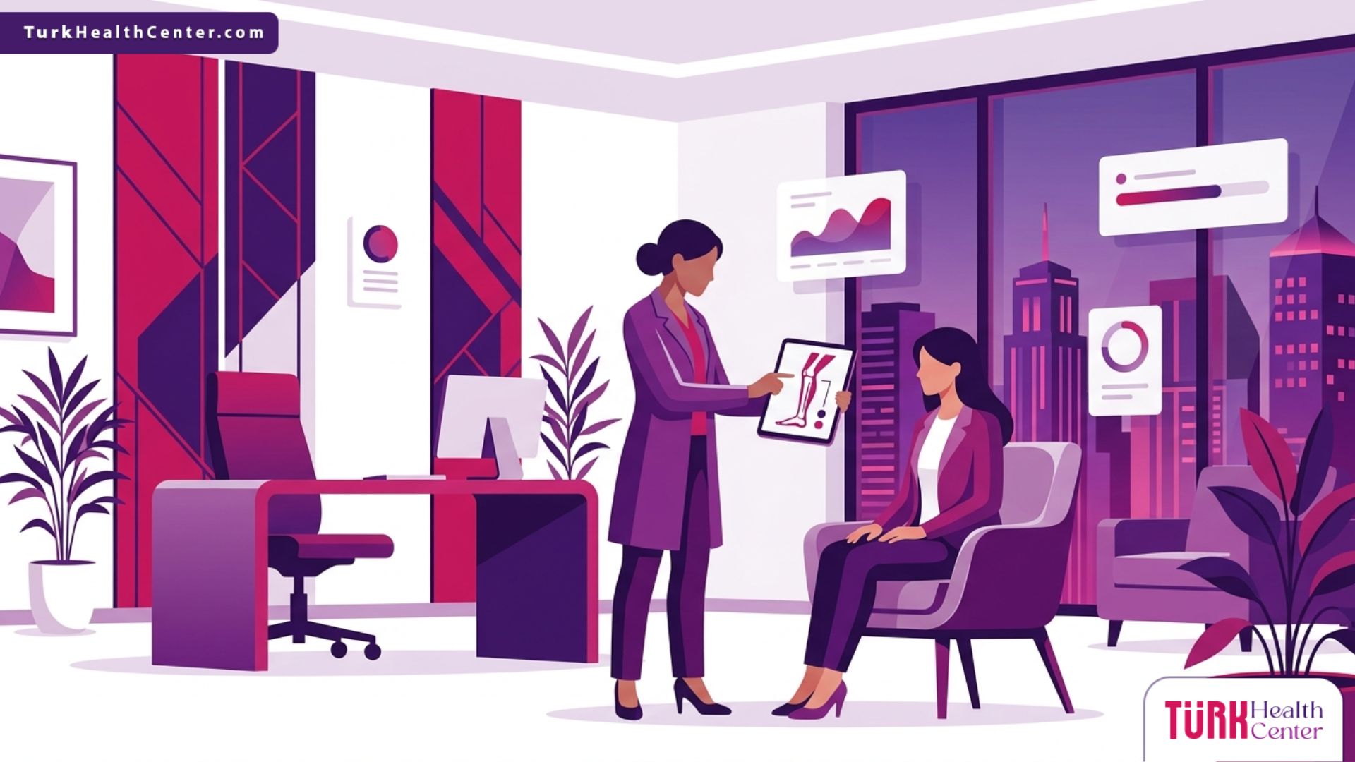 رسم توضيحي متقدم يظهر طبيب يشرح تفاصيل جراحات العظام التجميلية لمريض في عيادة طبية حديثة ومجهزة 