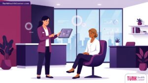 رسم توضيحي طبي متقدم لطبيب يشرح خطوات جراحة إعادة بناء الأعضاء المفقودة لمريض داخل عيادة حديثة 