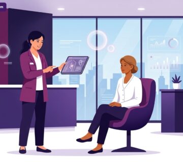 رسم توضيحي طبي متقدم لطبيب يشرح خطوات جراحة إعادة بناء الأعضاء المفقودة لمريض داخل عيادة حديثة 
