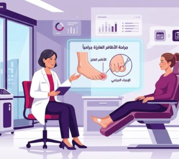 رسم توضيحي حديث لطبيب يشرح تفاصيل جراحة الأظافر الغارزة جراحياً لمريض داخل عيادة طبية فاخرة 