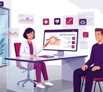 رسم توضيحي لطبيب يشرح خطوات جراحة الأكياس الدهنية الكبيرة للمريض في عيادة حديثة 