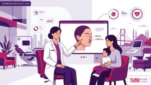 رسم توضيحي يظهر طبيباً يشرح خطوات جراحة الأنف والشفة المشقوقة في تركيا لمريض داخل عيادة فاخرة ونظيفة 