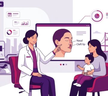 رسم توضيحي يظهر طبيباً يشرح خطوات جراحة الأنف والشفة المشقوقة في تركيا لمريض داخل عيادة فاخرة ونظيفة 