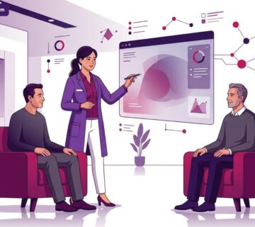 رسم توضيحي يظهر طبيب يشرح إجراءات جراحة التجميل الخاصة لمرضى السكري لمريض داخل عيادة فاخرة 