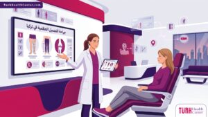 رسم توضيحي لعيادة طبية فاخرة يظهر طبيباً يشرح تفاصيل جراحة التجميل العظمية في تركيا لمريض بثقة واحترافية 