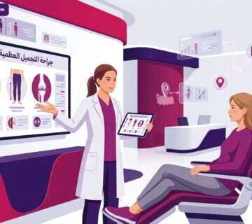 رسم توضيحي لعيادة طبية فاخرة يظهر طبيباً يشرح تفاصيل جراحة التجميل العظمية في تركيا لمريض بثقة واحترافية 