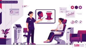 رسم توضيحي يظهر طبيب تجميل يشرح إجراءات جراحة التجميل الوقائية في تركيا لمريض داخل عيادة فاخرة 