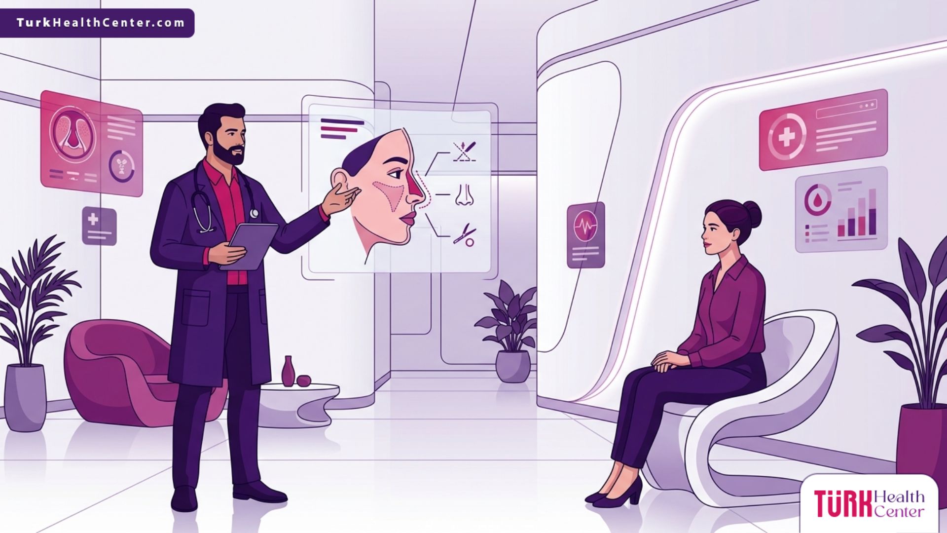 رسم توضيحي لعيادة طبية حديثة تمثل جراحة التجميل في المستشفيات الحكومية التركية