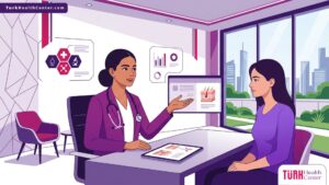رسم توضيحي يظهر استشارة طبية متقدمة في عيادة حديثة حول جراحة التجميل للأمراض الجلدية النادرة