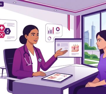 رسم توضيحي يظهر استشارة طبية متقدمة في عيادة حديثة حول جراحة التجميل للأمراض الجلدية النادرة