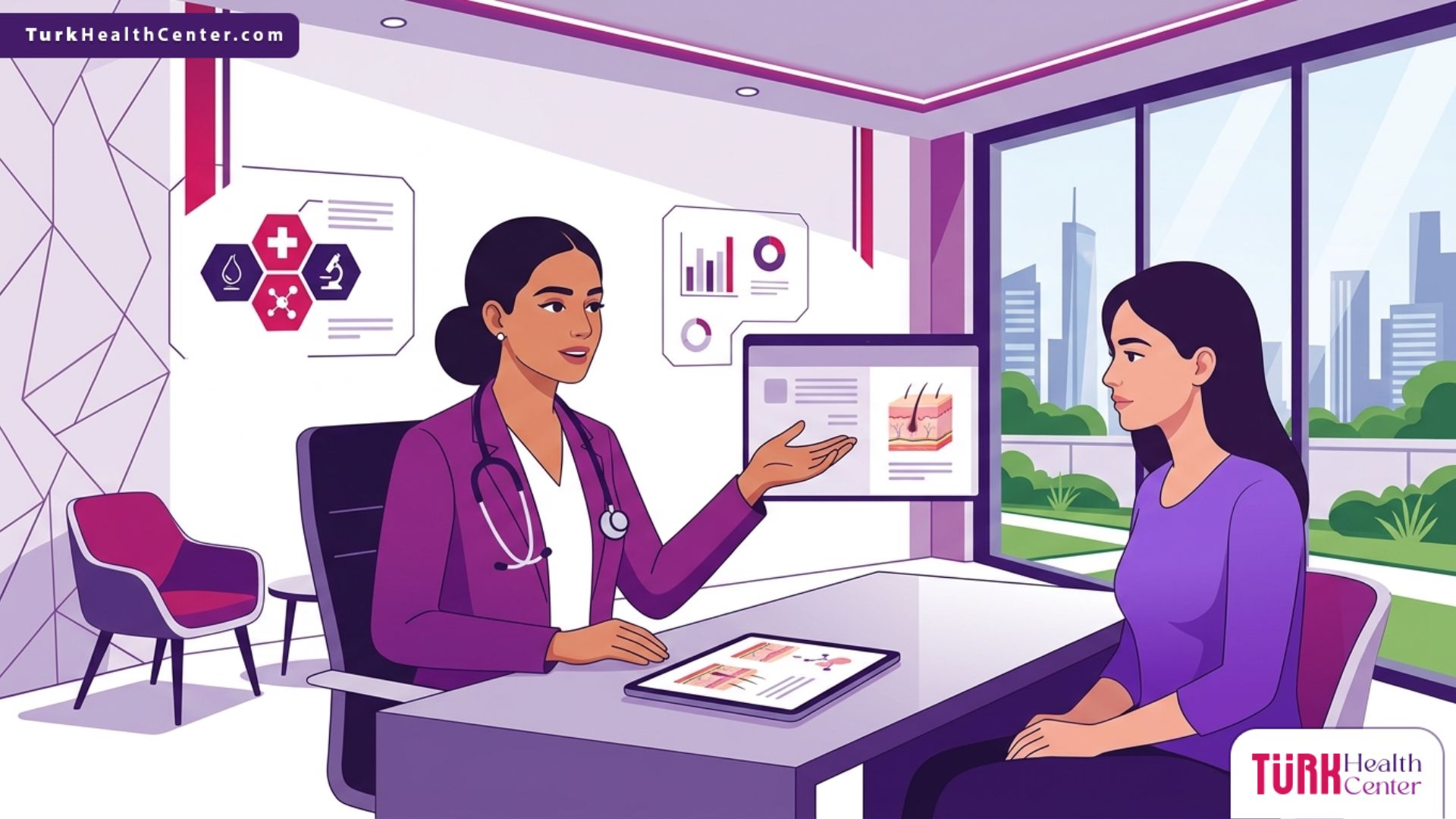 رسم توضيحي يظهر استشارة طبية متقدمة في عيادة حديثة حول جراحة التجميل للأمراض الجلدية النادرة