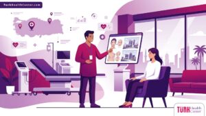 رسم توضيحي يظهر طبيباً يشرح تفاصيل جراحة الترميم المتقدمة في المستشفيات التركية داخل عيادة طبية فاخرة 