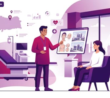رسم توضيحي يظهر طبيباً يشرح تفاصيل جراحة الترميم المتقدمة في المستشفيات التركية داخل عيادة طبية فاخرة 