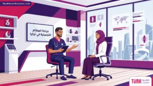 رسم توضيحي يظهر طبيب يشرح تفاصيل جراحة العظام التجميلية في تركيا لمريض في عيادة حديثة 