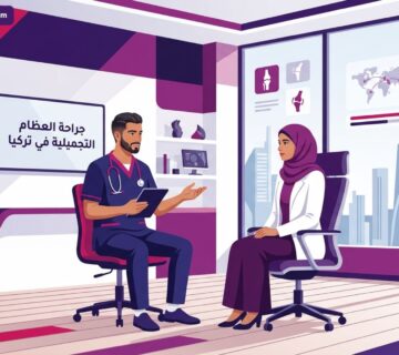 رسم توضيحي يظهر طبيب يشرح تفاصيل جراحة العظام التجميلية في تركيا لمريض في عيادة حديثة 