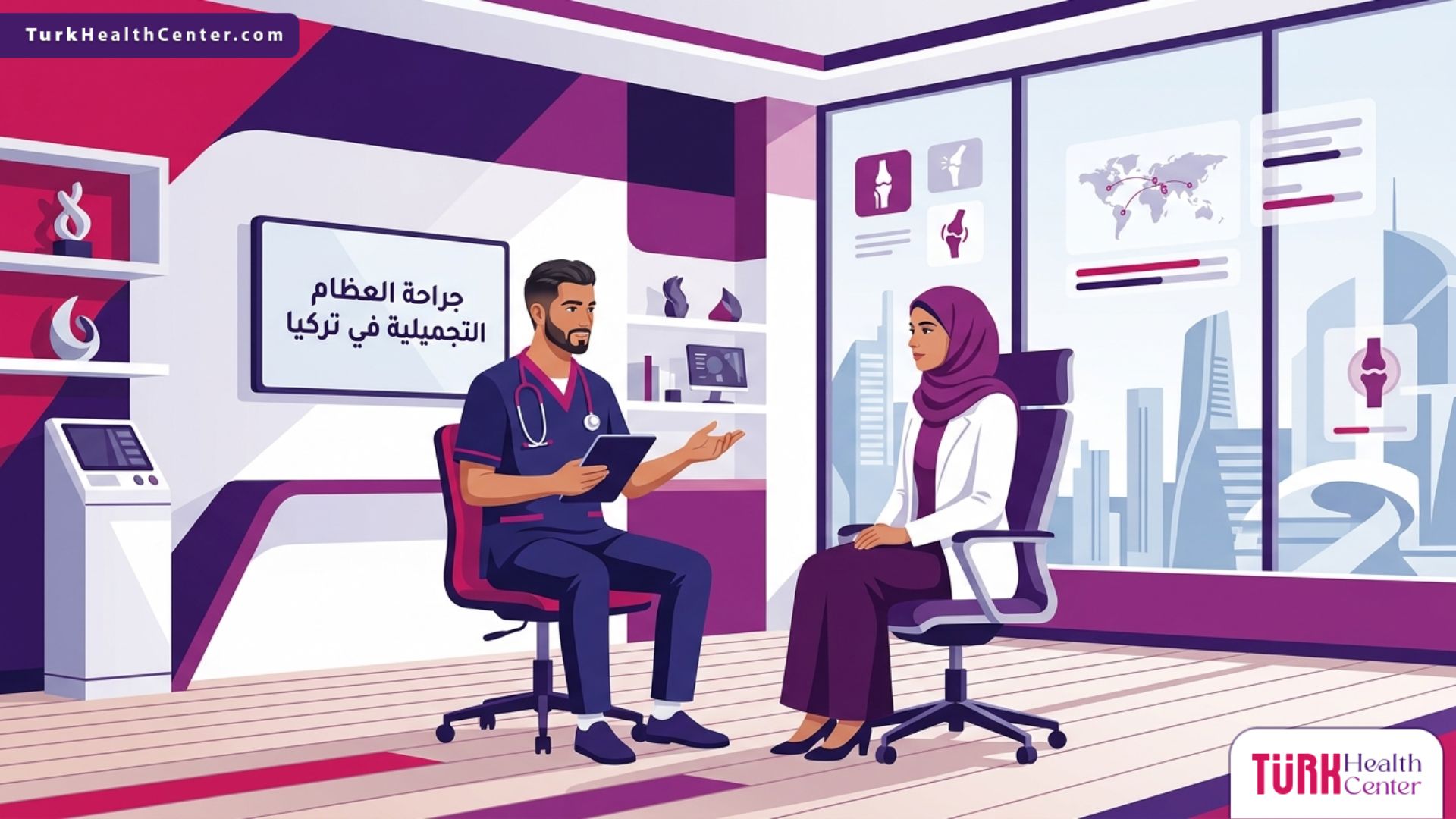 رسم توضيحي يظهر طبيب يشرح تفاصيل جراحة العظام التجميلية في تركيا لمريض في عيادة حديثة 