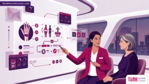 رسم توضيحي متقدم لطبيب يشرح تفاصيل جراحة اليد الروماتويدية للمريض داخل عيادة طبية حديثة 