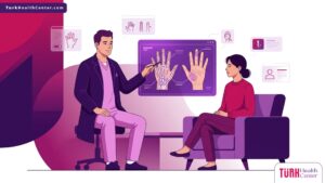 رسم توضيحي لطبيب يشرح تفاصيل جراحة تجميل اليد والأصابع في تركيا لمريض في عيادة حديثة 